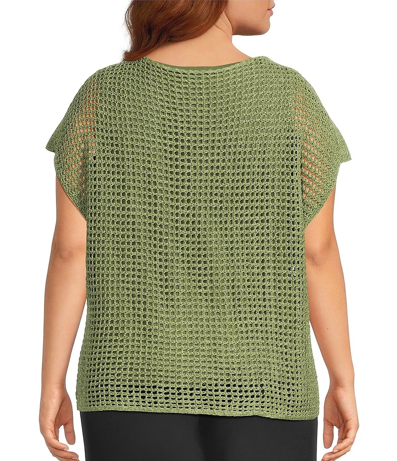 Investments Plus Size Short Sleeve Crew Neck Open Stitch Top