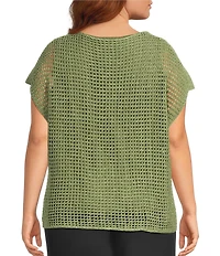Investments Plus Size Short Sleeve Crew Neck Open Stitch Top