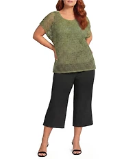 Investments Plus Size Short Sleeve Crew Neck Open Stitch Top