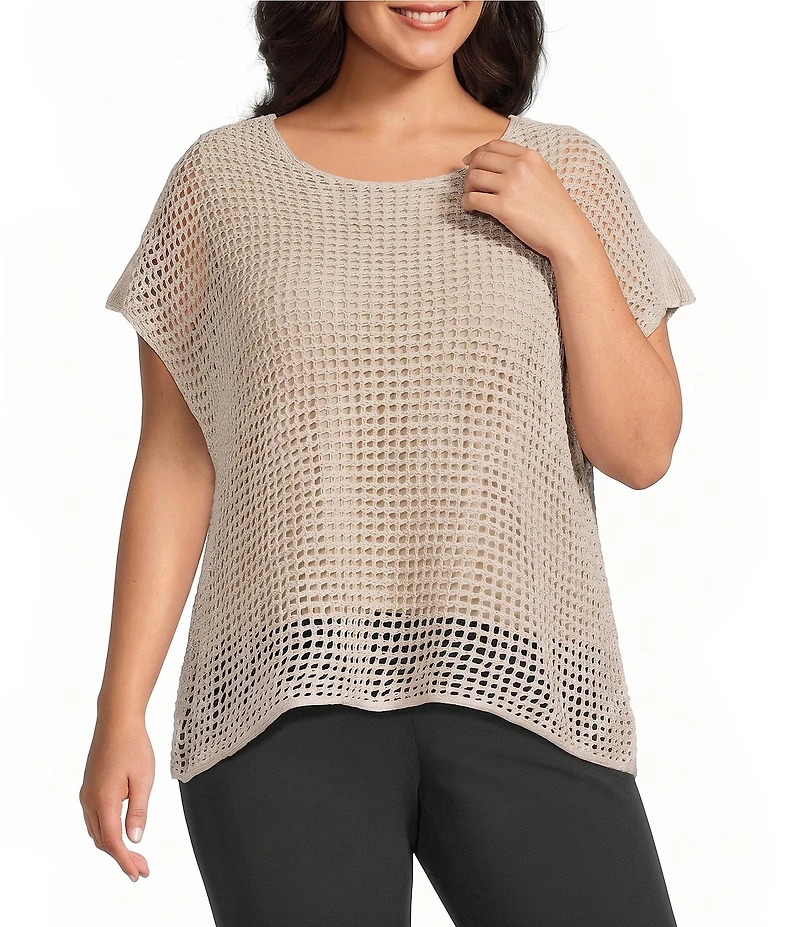 Investments Plus Size Short Sleeve Crew Neck Open Stitch Top