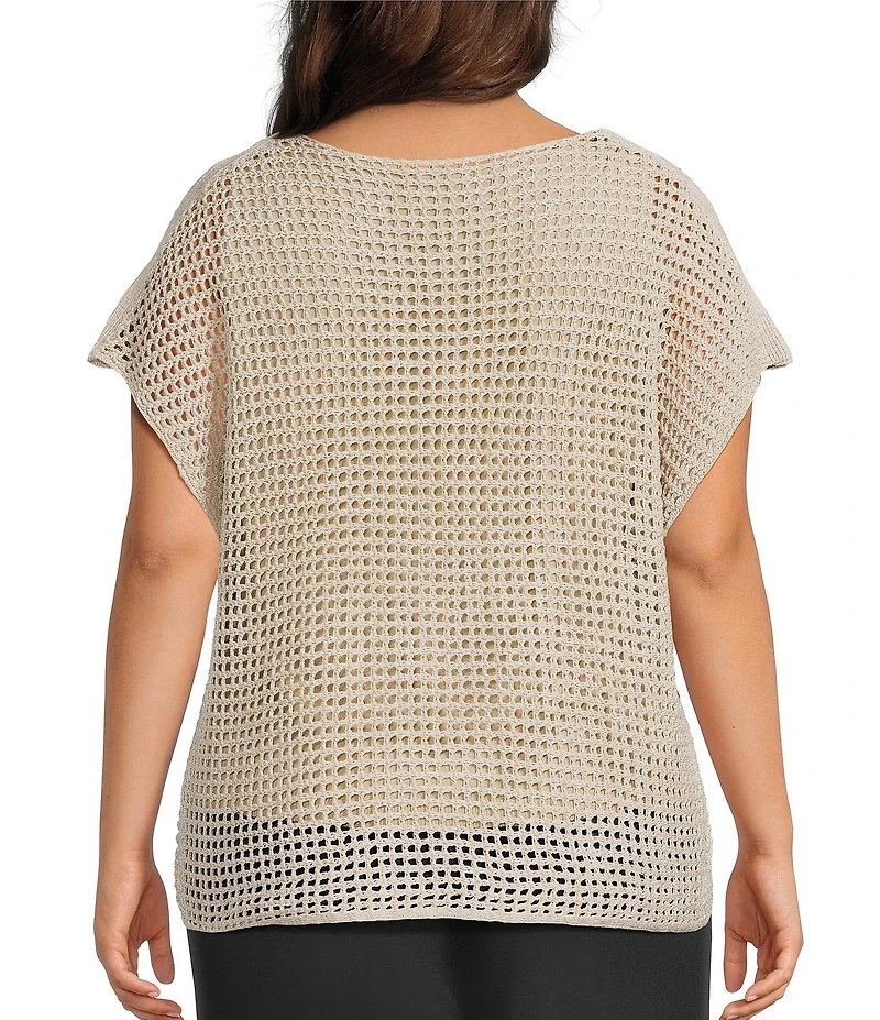 Investments Plus Size Short Sleeve Crew Neck Open Stitch Top