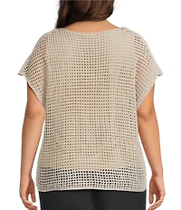 Investments Plus Size Short Sleeve Crew Neck Open Stitch Top