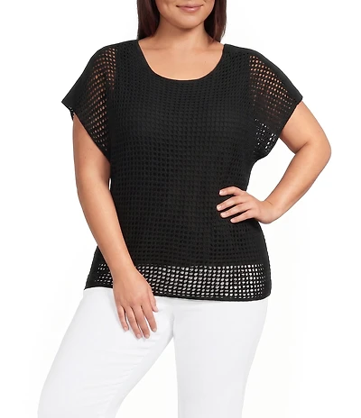 Investments Plus Size Short Sleeve Crew Neck Open Stitch Top