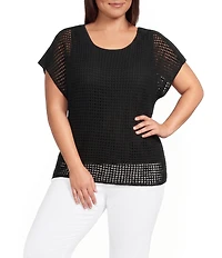Investments Plus Size Short Sleeve Crew Neck Open Stitch Top