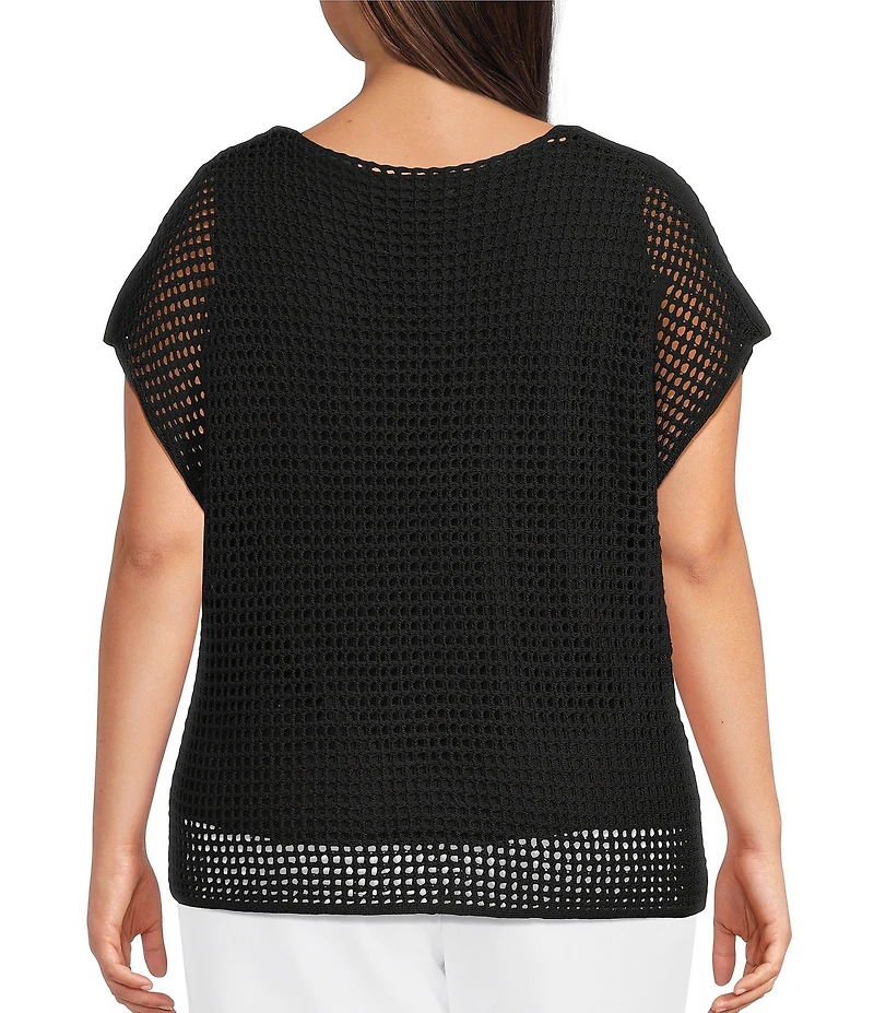 Investments Plus Size Short Sleeve Crew Neck Open Stitch Top