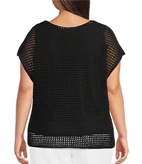 Investments Plus Size Short Sleeve Crew Neck Open Stitch Top