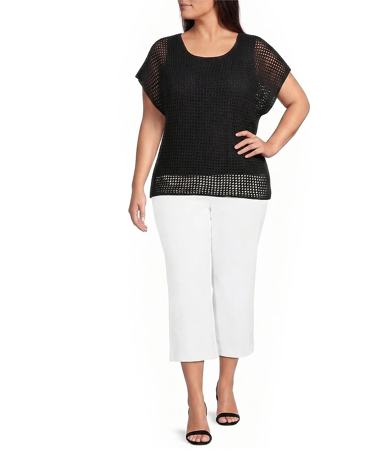Investments Plus Size Short Sleeve Crew Neck Open Stitch Top