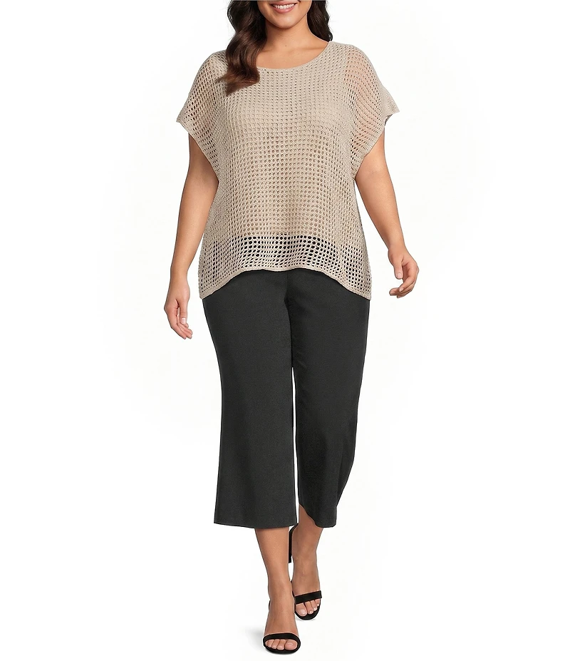 Investments Plus Size Short Sleeve Crew Neck Open Stitch Top