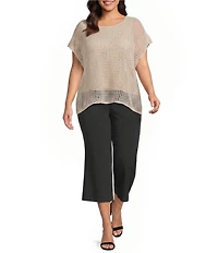 Investments Plus Size Short Sleeve Crew Neck Open Stitch Top