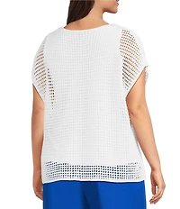 Investments Plus Size Short Sleeve Crew Neck Open Stitch Top