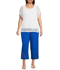 Investments Plus Size Short Sleeve Crew Neck Open Stitch Top