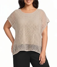 Investments Plus Size Short Sleeve Crew Neck Open Stitch Top