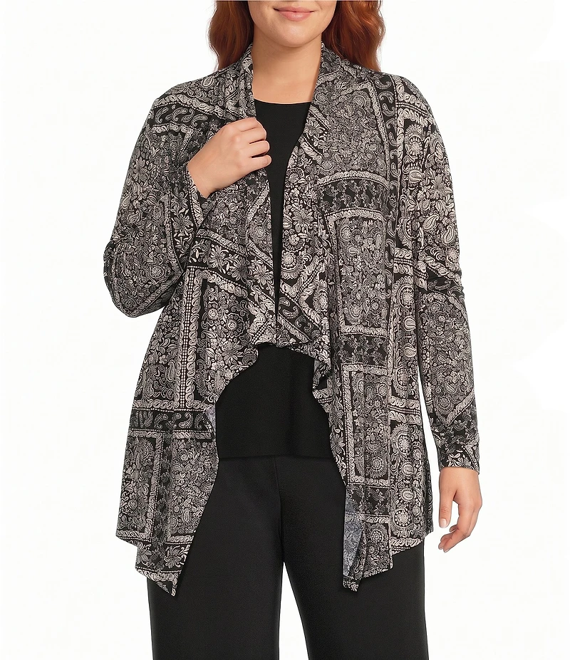Investments Plus Size Soft Separates Bias Geo Long Sleeve Open Front Jacket