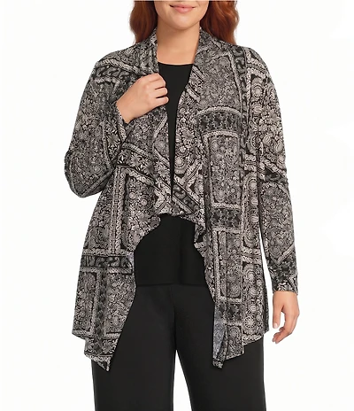 Investments Plus Size Soft Separates Bias Geo Long Sleeve Open Front Jacket