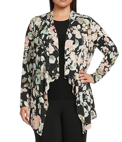 Investments Plus Size Soft Separates Floral Jade Print Long Sleeve Open Front Jacket