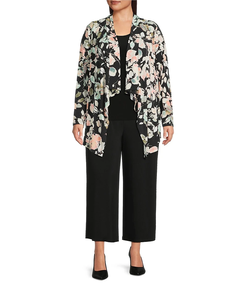Investments Plus Size Soft Separates Floral Jade Print Long Sleeve Open Front Jacket