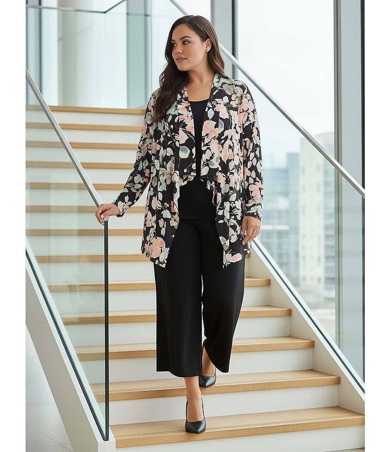 Investments Plus Size Soft Separates Floral Jade Print Long Sleeve Open Front Jacket