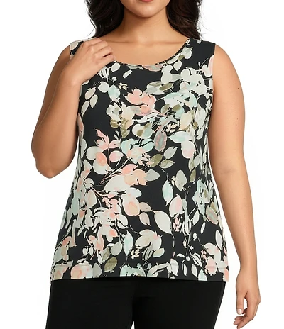 Investments Plus Size Soft Separates Floral Jade Reversible Crew to Scoop Neck Sleeveless Top