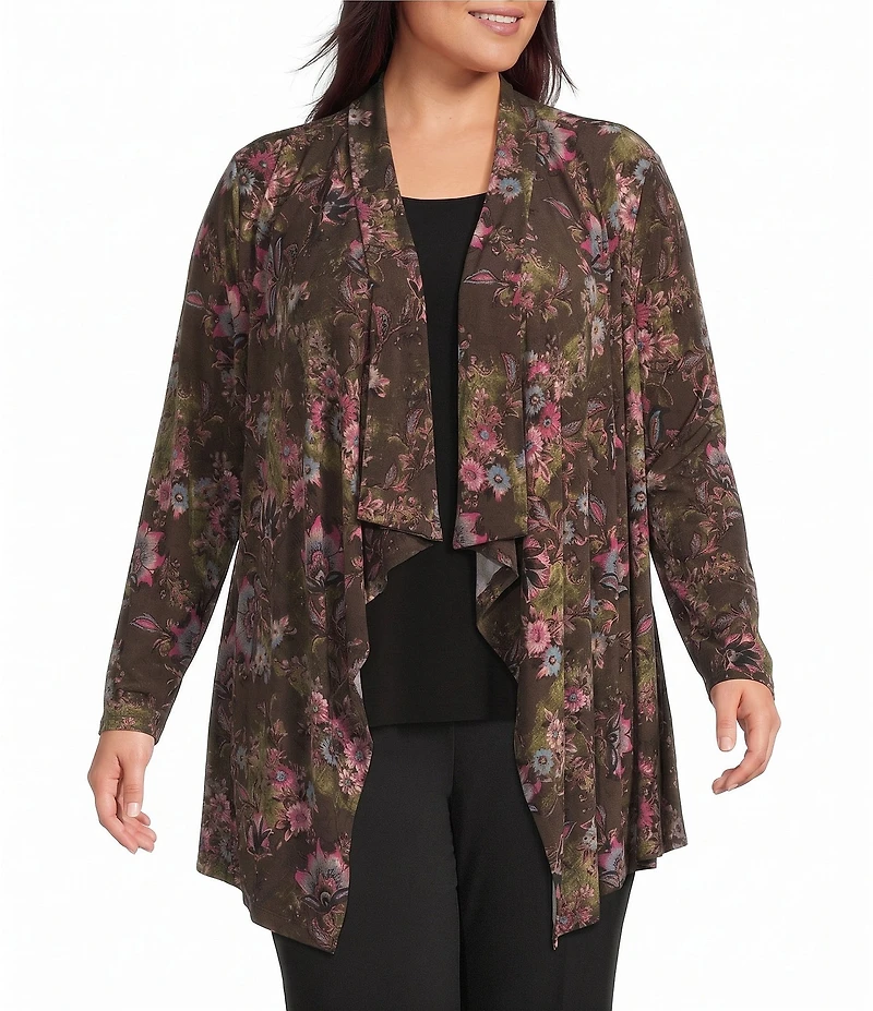 Investments Plus Size Soft Separates Multi Canvas Flourish Print Long Sleeve Open Front Jacket