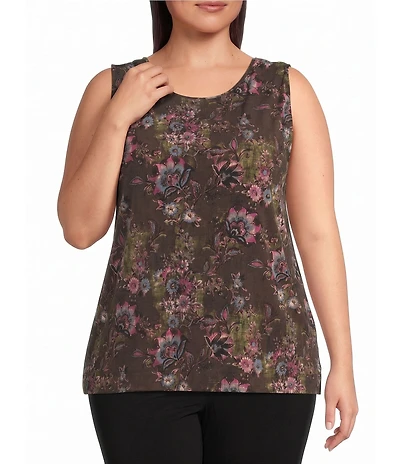 Investments Plus Size Soft Separates Multi Canvas Flourish Print Reversible Crew Neck Sleeveless Top