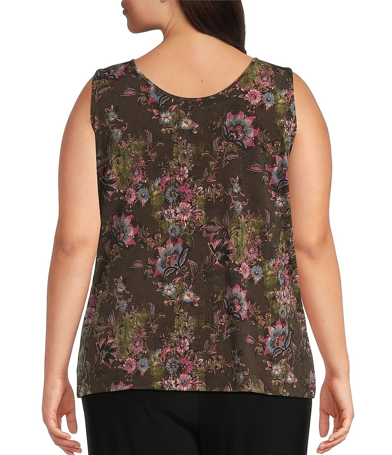 Investments Plus Size Soft Separates Multi Canvas Flourish Print Reversible Crew Neck Sleeveless Top
