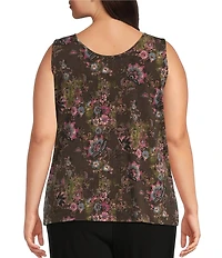 Investments Plus Size Soft Separates Multi Canvas Flourish Print Reversible Crew Neck Sleeveless Top