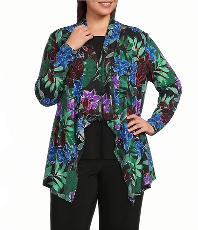Investments Plus Size Soft Separates Tropic Garden Print Long Sleeve Open Front Jacket