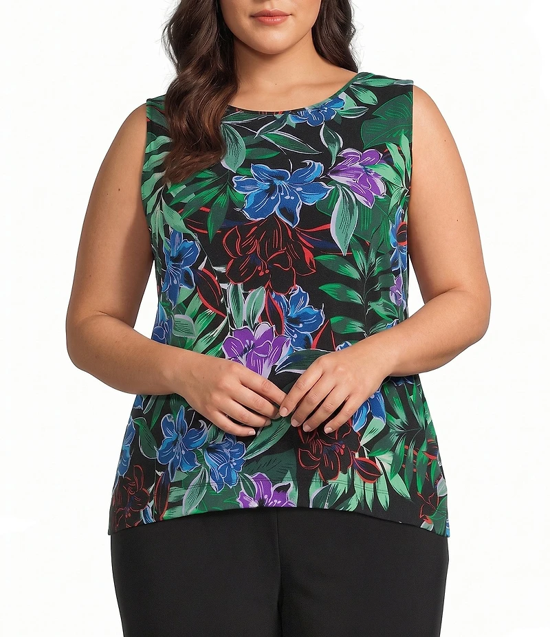 Investments Plus Size Soft Separates Tropic Garden Reversible Crew to Scoop Neck Sleeveless Top