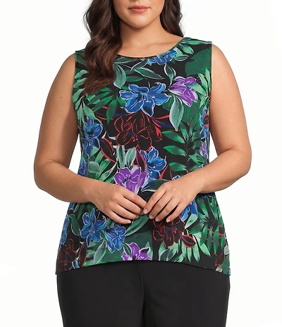 Investments Plus Size Soft Separates Tropic Garden Reversible Crew to Scoop Neck Sleeveless Top