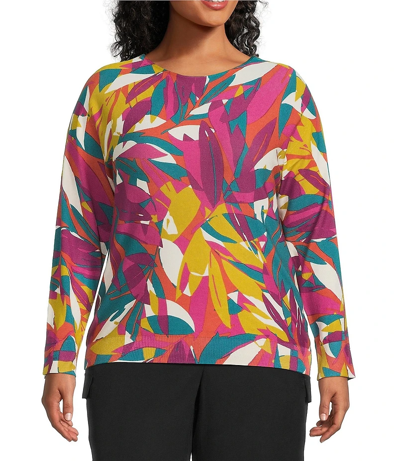Investments Plus Size Stained Leaves Long Sleeve Boat Neck Pullover Sweater