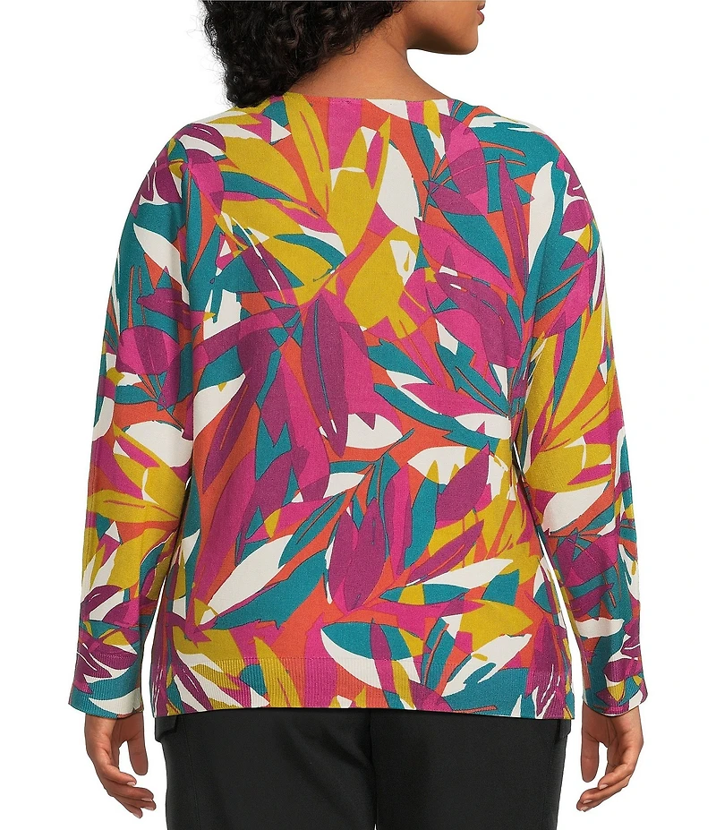 Investments Plus Size Stained Leaves Long Sleeve Boat Neck Pullover Sweater