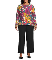 Investments Plus Size Stained Leaves Long Sleeve Boat Neck Pullover Sweater