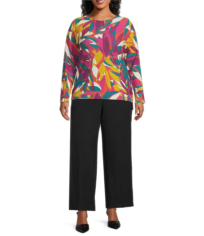 Investments Plus Size Stained Leaves Long Sleeve Boat Neck Pullover Sweater