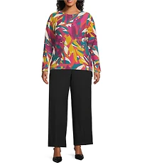 Investments Plus Size Stained Leaves Long Sleeve Boat Neck Pullover Sweater