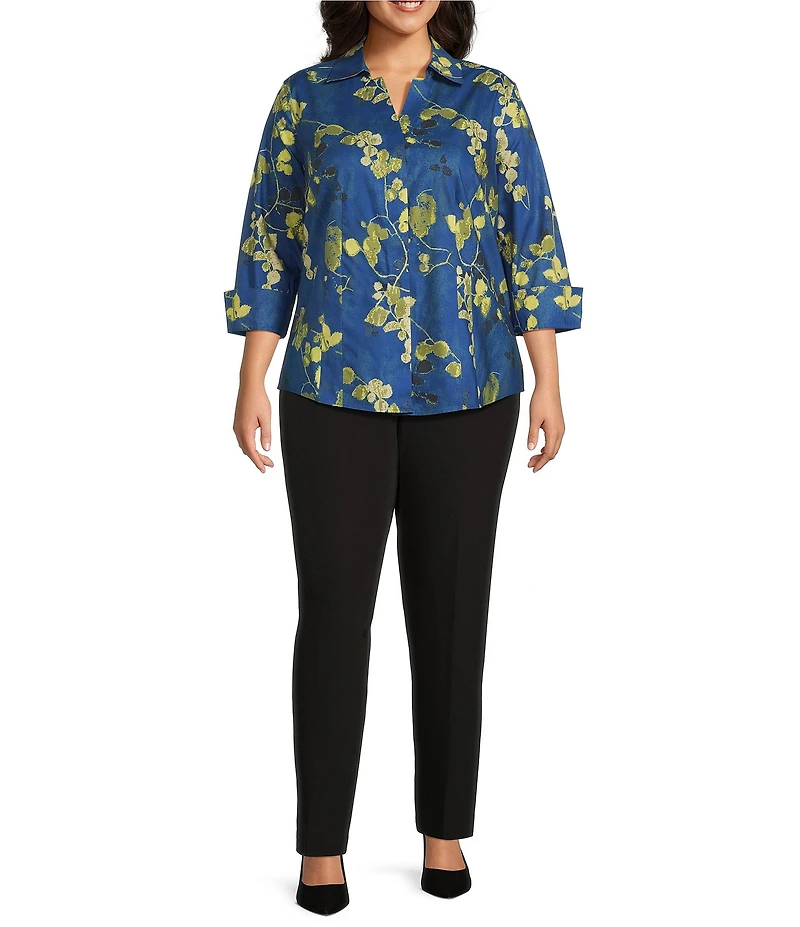 Investments Plus Size Taylor Gold Label Non-Iron Branched Blue Leaf 3/4 Sleeve Button Front Shirt