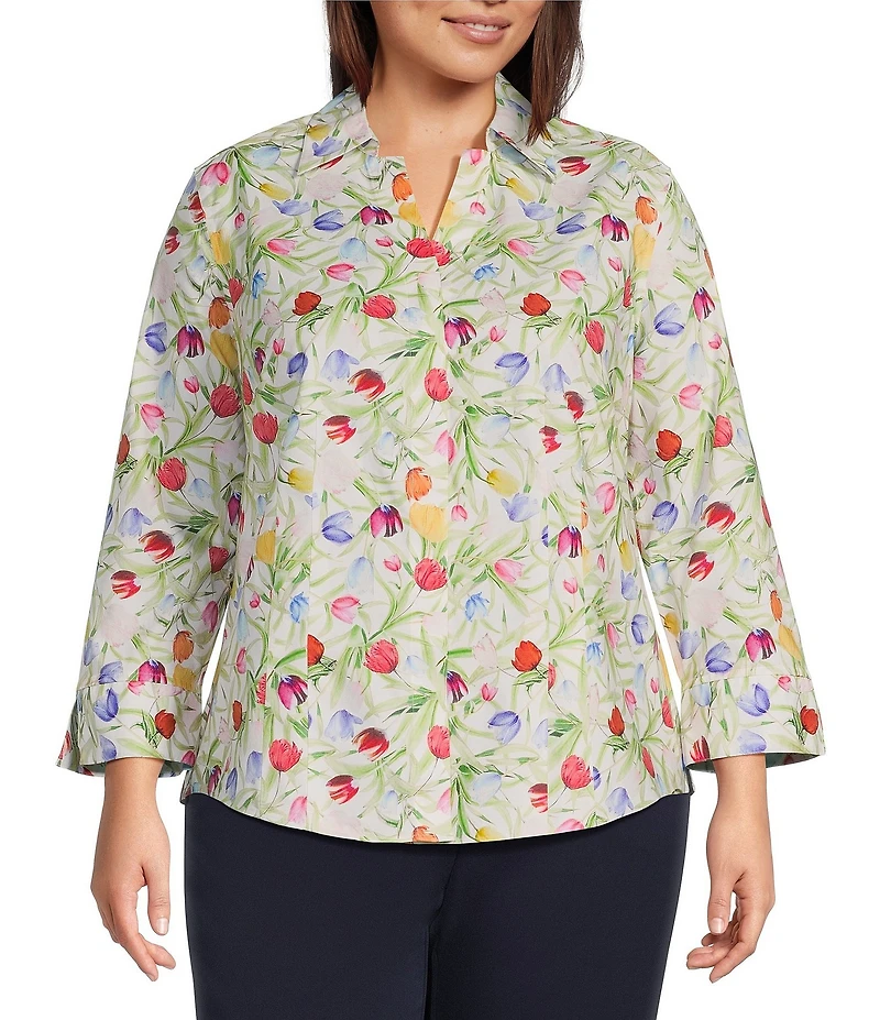 Investments Plus Size Taylor Gold Label Non-Iron Tulip Garden 3/4 Sleeve Button Front Shirt