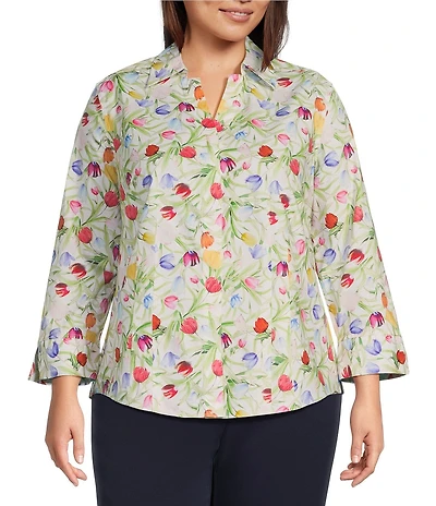 Investments Plus Size Taylor Gold Label Non-Iron Tulip Garden 3/4 Sleeve Button Front Shirt