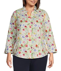 Investments Plus Size Taylor Gold Label Non-Iron Tulip Garden 3/4 Sleeve Button Front Shirt