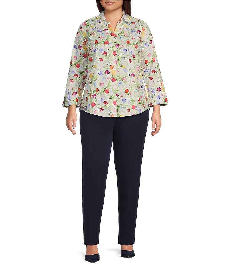 Investments Plus Size Taylor Gold Label Non-Iron Tulip Garden 3/4 Sleeve Button Front Shirt