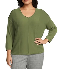 Investments Plus Size Textured 3/4 Sleeve V-Neck Sweater