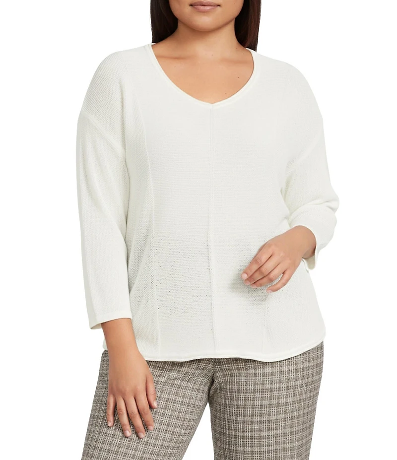 Investments Plus Size Textured 3/4 Sleeve V-Neck Sweater