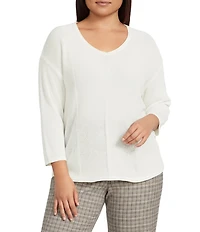 Investments Plus Size Textured 3/4 Sleeve V-Neck Sweater