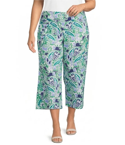 Investments Plus Size the PARK AVE fit Elite Stretch Multi Paisley Delight Print Wide Leg Crop Pants