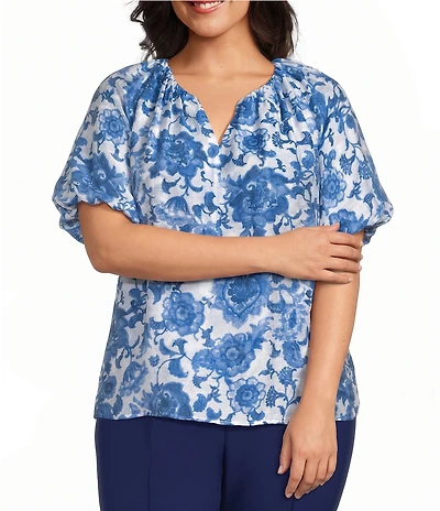Investments Plus Size Viney Floral Print 3/4 Bubble Sleeve Split Round Neck Blouse