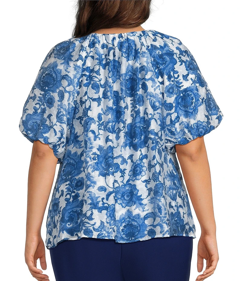 Investments Plus Size Viney Floral Print 3/4 Bubble Sleeve Split Round Neck Blouse