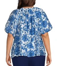 Investments Plus Size Viney Floral Print 3/4 Bubble Sleeve Split Round Neck Blouse