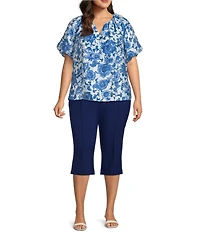 Investments Plus Size Viney Floral Print 3/4 Bubble Sleeve Split Round Neck Blouse