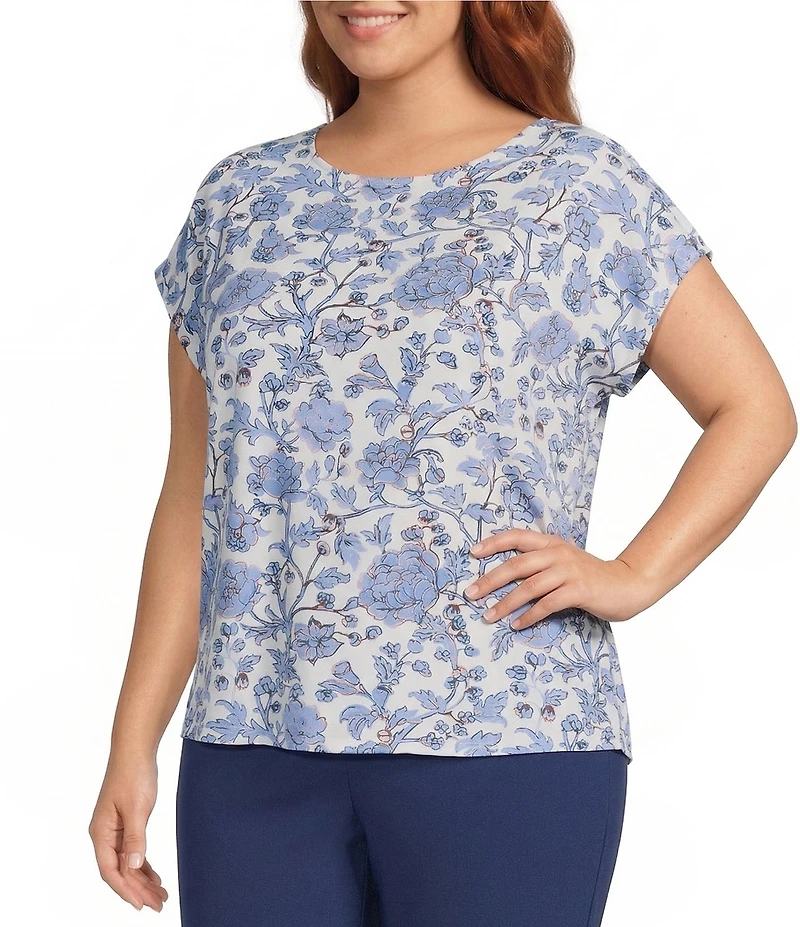 Investments Plus Size Vista Blue Sky Bloom Print Cap Sleeve Boat Neck Rory Knit Tee