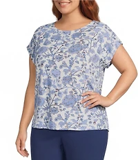 Investments Plus Size Vista Blue Sky Bloom Print Cap Sleeve Boat Neck Rory Knit Tee
