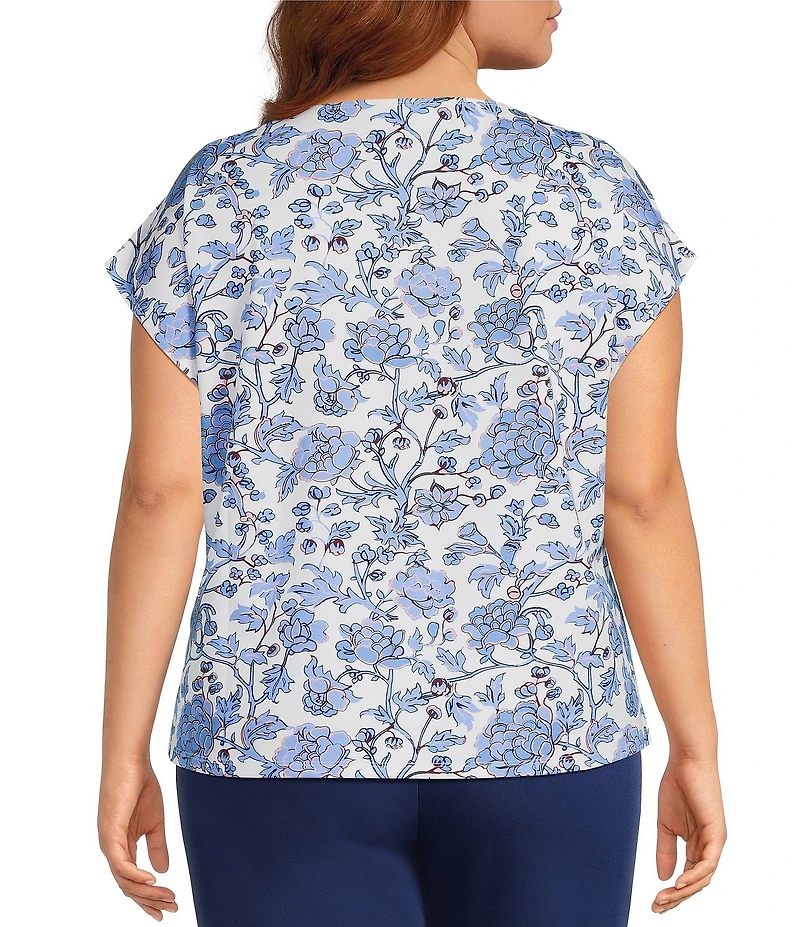 Investments Plus Size Vista Blue Sky Bloom Print Cap Sleeve Boat Neck Rory Knit Tee